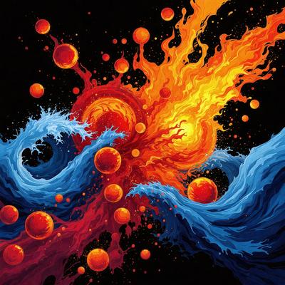 The primary subject of the image is a vibrant and colorful artwork featuring a mix of red, blue, and orange colors. The setting is a black background, which contrasts with the bright colors of the artwork. The visual style appears to be a digital art or illustration, as it is a detailed and intricate piece. The dominant colors in the artwork are red, blue, and orange, creating a lively and energetic atmosphere.